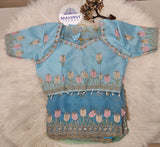 Sky Blue Embroidered Designer Blouse with Floral Organza Saree – Elegant Party Wear Saree Set