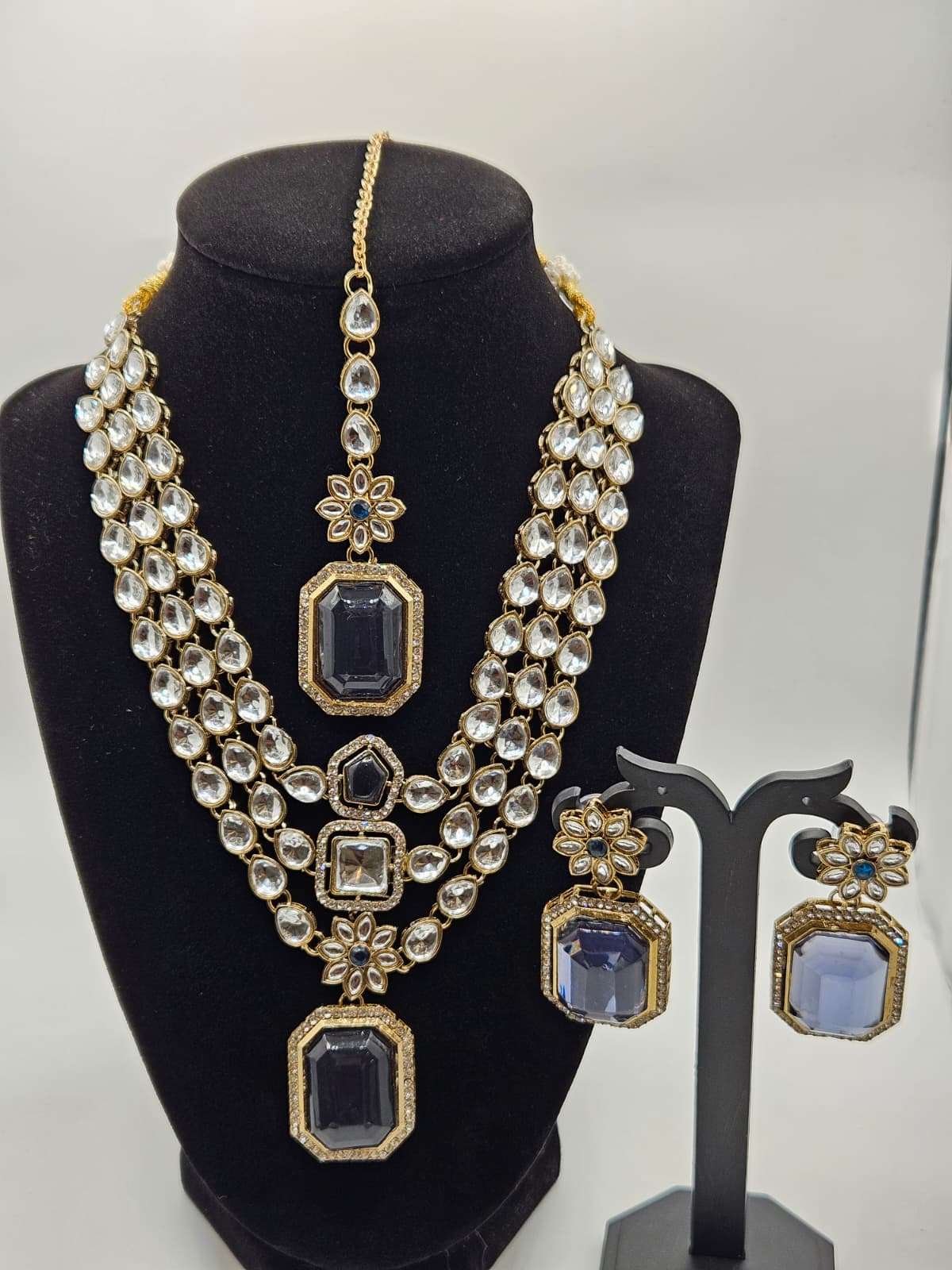 Blue Kundan Necklace Set with Earrings & Maang Tikka