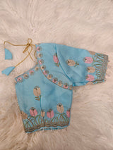 Sky Blue Embroidered Designer Blouse with Floral Organza Saree – Elegant Party Wear Saree Set