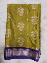 Gold Brocade Blouse with Olive Green & Purple Banarasi Saree – Elegant Traditional Indian Saree Set