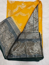Dark Green & Silver Brocade Designer Blouse with Mustard Yellow Banarasi Saree – Luxury Traditional Saree Set