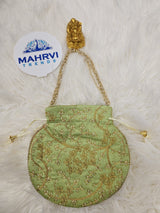 Floral Embroidered Satin Potli Bag with Pearl Handle
