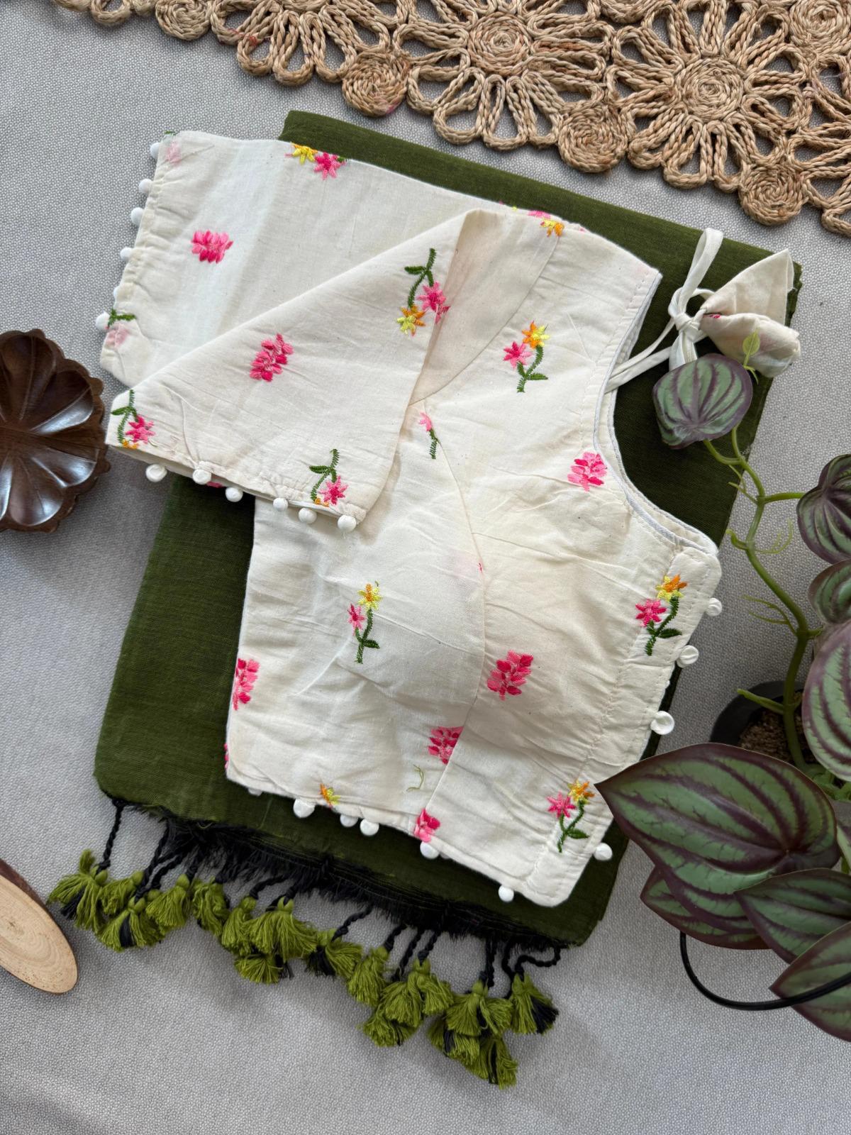 Cotton Saree with Multicolor Floral Embroidered Blouse – Mahrvi Trends