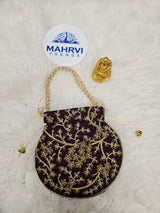 Floral Embroidered Satin Potli Bag with Pearl Handle