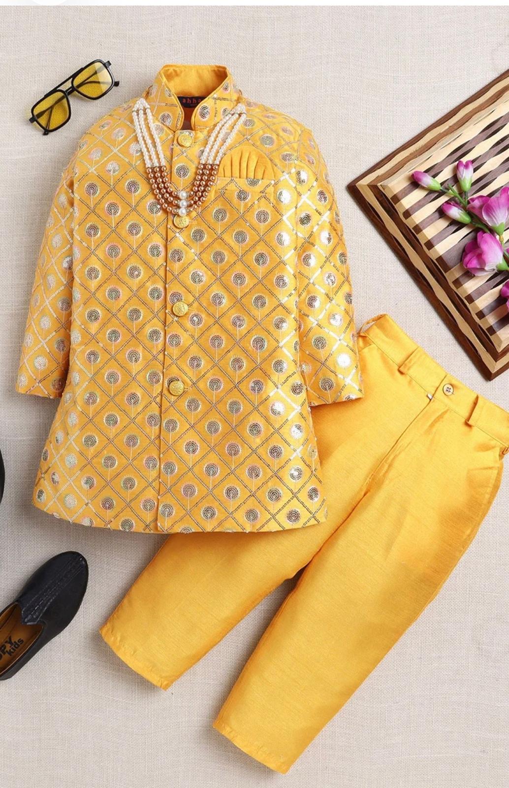 Kids’ Multicolor Embroidered Sherwani Set – Dusty Rose & Mustard Yellow
