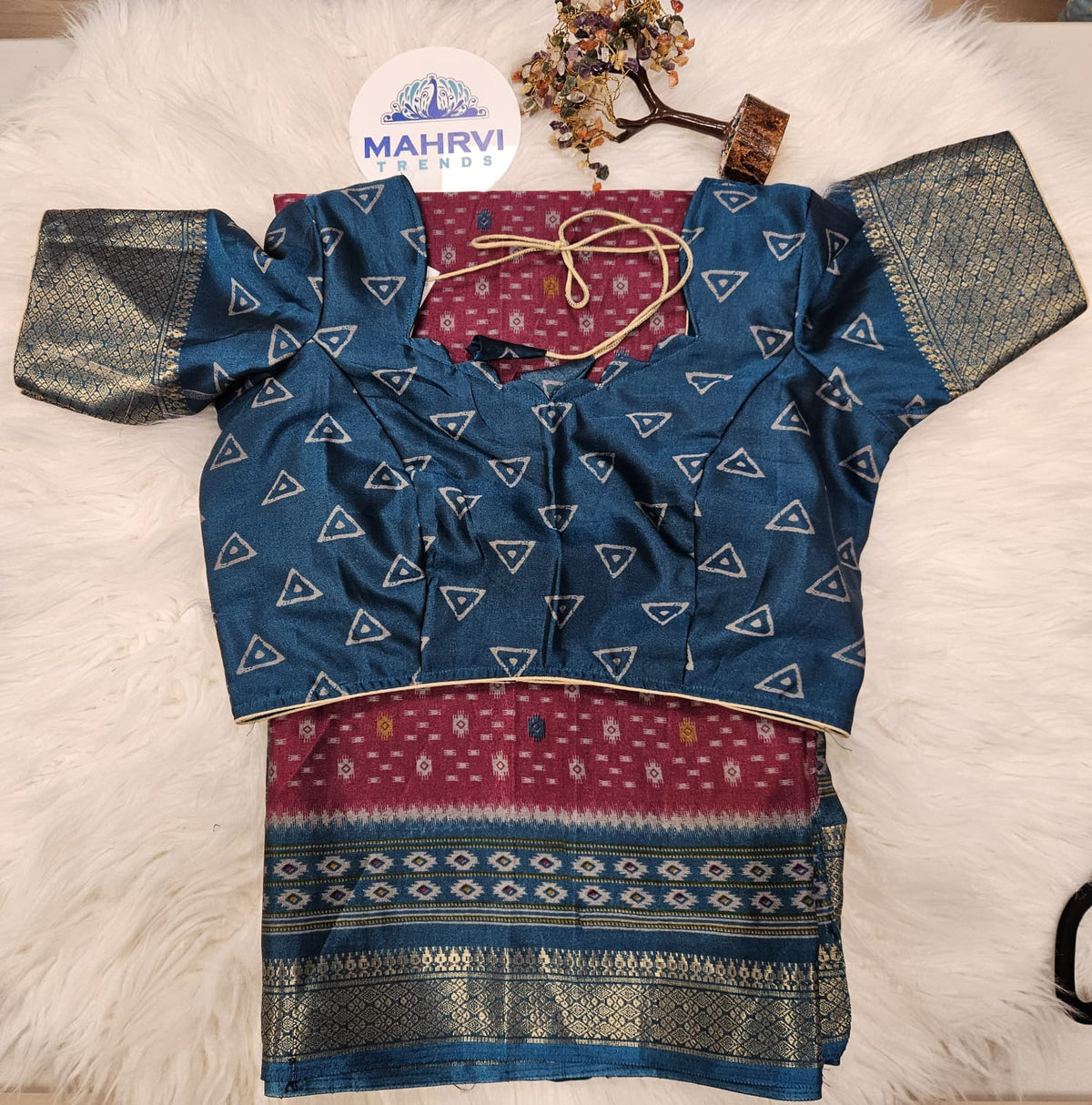 Royal Blue Designer Blouse with Maroon Banarasi Saree – Traditional Silk Saree Set