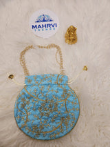 Floral Embroidered Satin Potli Bag with Pearl Handle