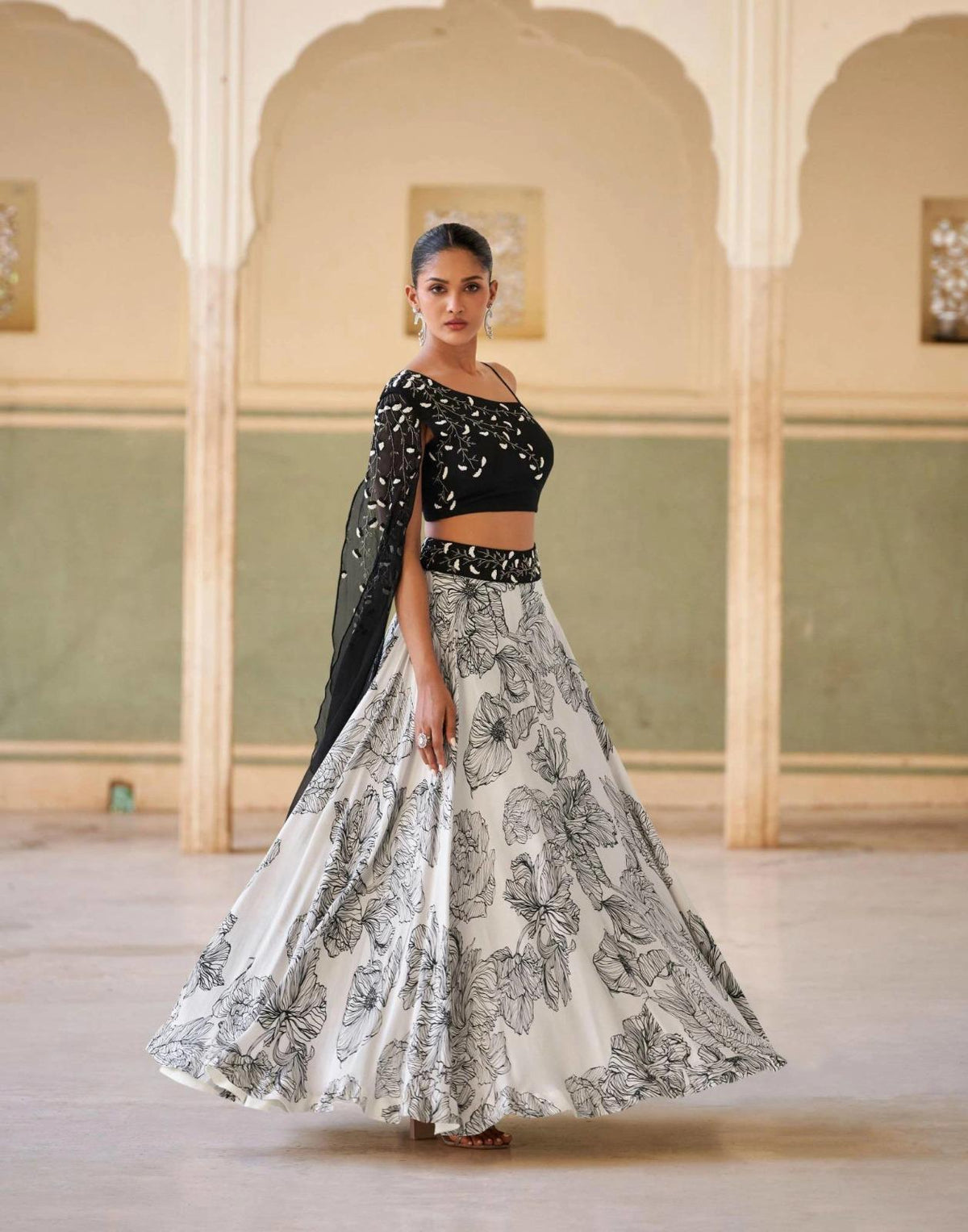 Black and Ivory Floral Printed Lehenga Set with Embroidered Crop Top and Dupatta