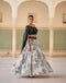 Black and Ivory Floral Printed Lehenga Set with Embroidered Crop Top and Dupatta