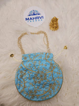 Floral Embroidered Satin Potli Bag with Pearl Handle