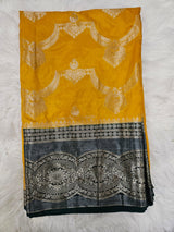 Dark Green & Silver Brocade Designer Blouse with Mustard Yellow Banarasi Saree – Luxury Traditional Saree Set