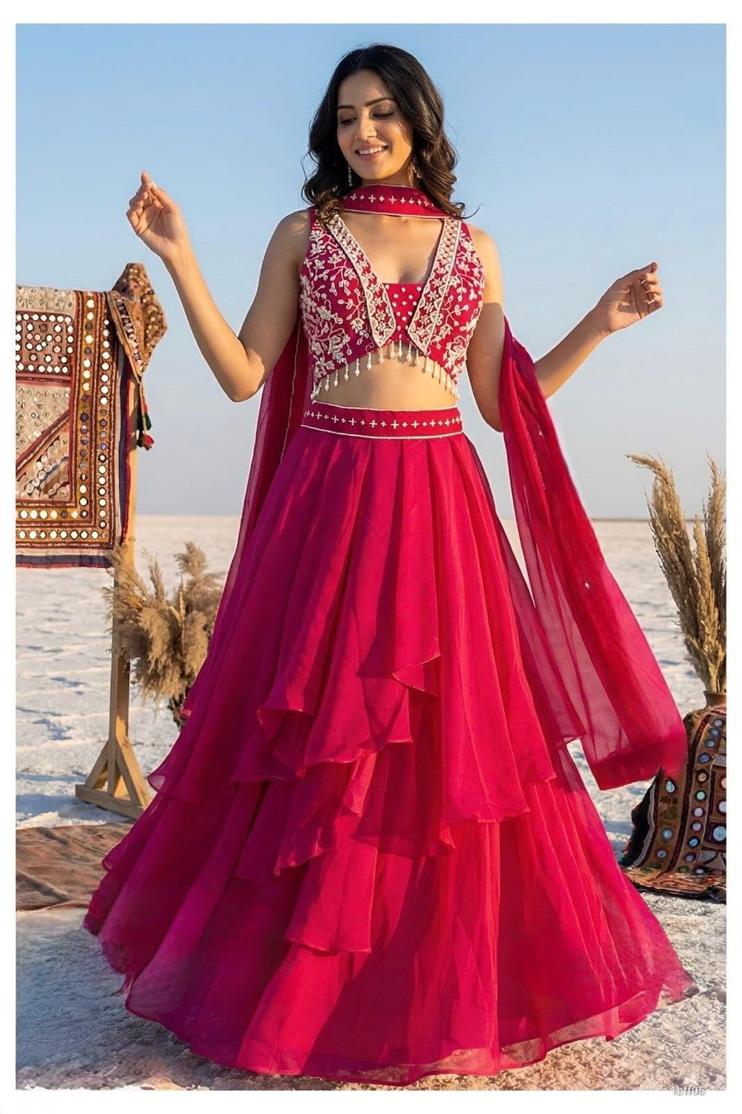 Fuchsia Pink Layered Lehenga Set with Embroidered Crop Top and Dupatta