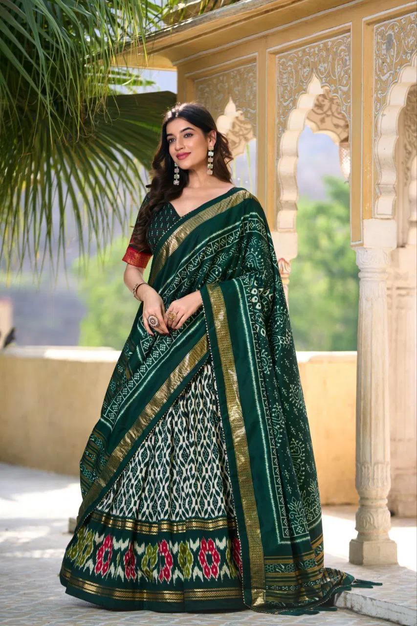 Emerald Green Printed Lehenga Choli with Gold Border and Dupatta
