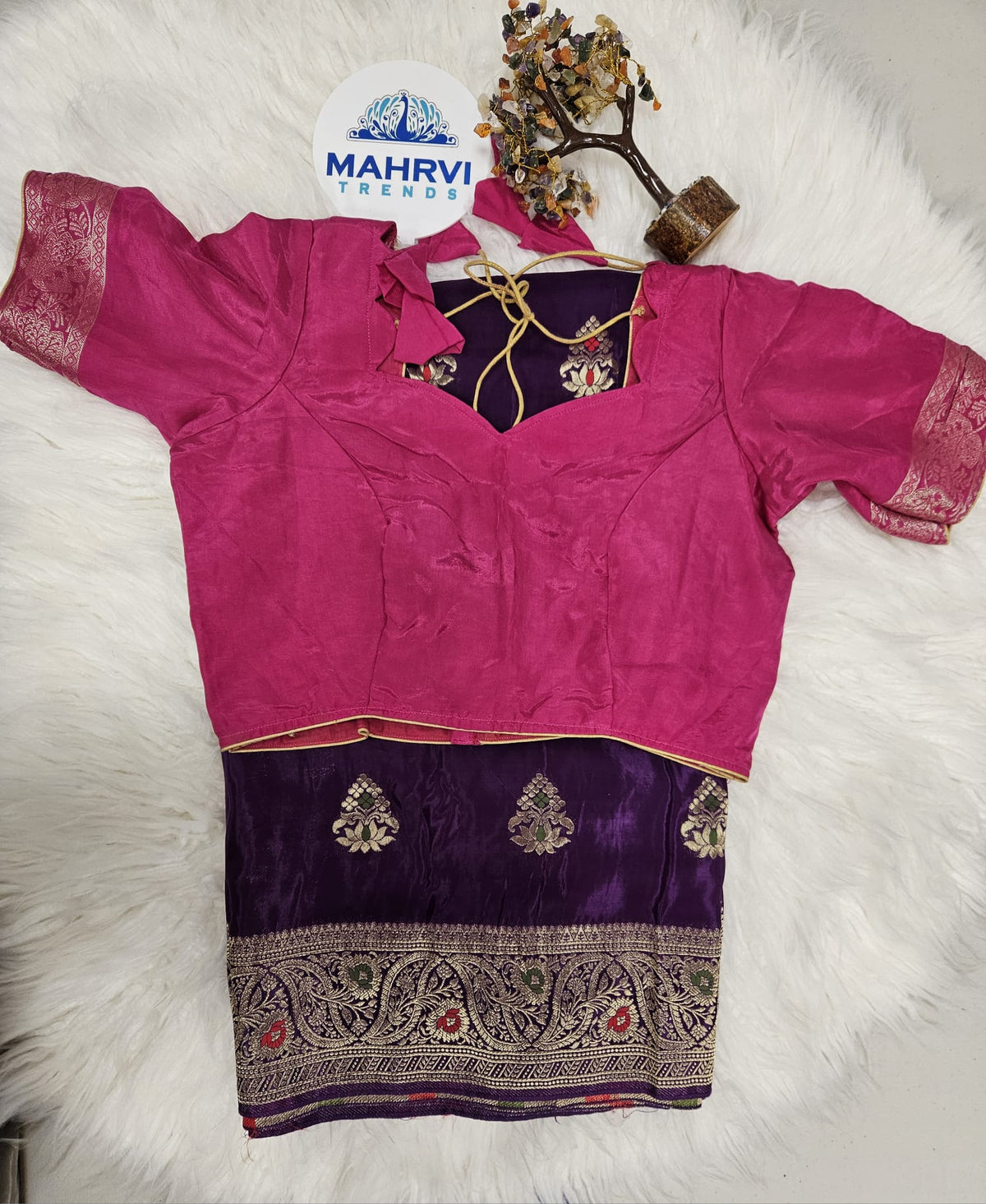 Pink Designer Blouse with Royal Purple Banarasi Saree – Elegant Festive Saree Set