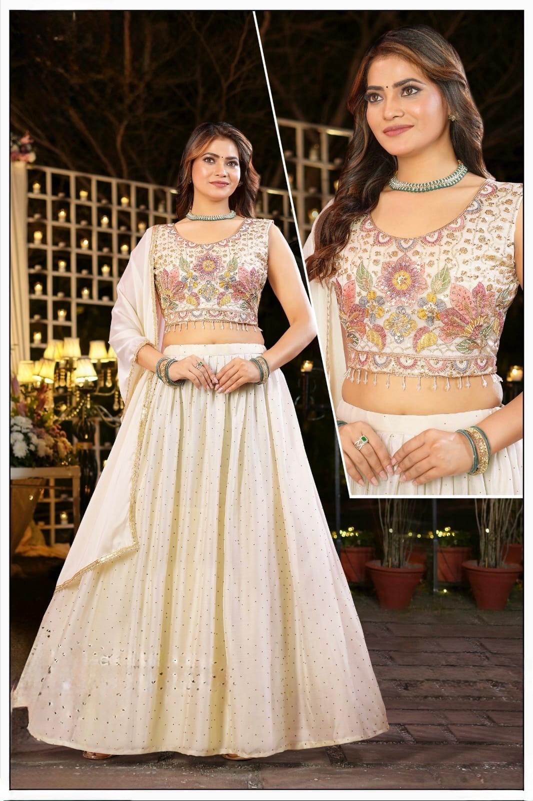 Ivory Floral Embroidered Lehenga Set with Pearl-Detail Blouse and Dupatta
