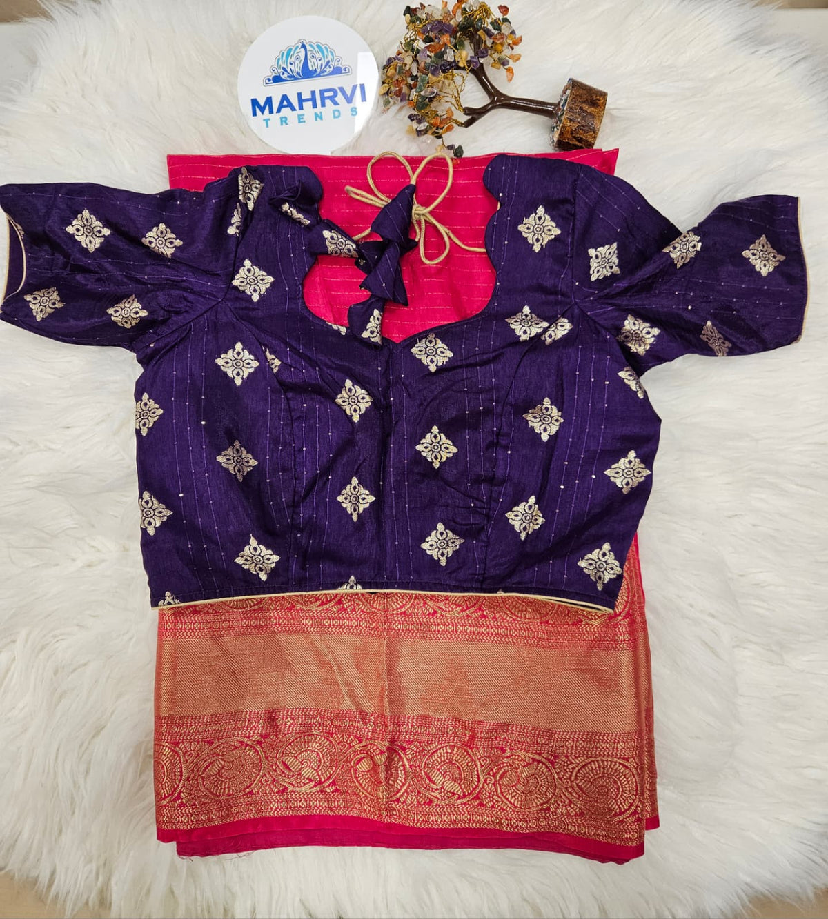 Royal Purple Designer Blouse with Pink Banarasi Saree – Traditional Silk Saree Set
