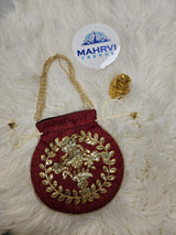 Floral Embroidered Silk Potli Bag with Pearl Handle