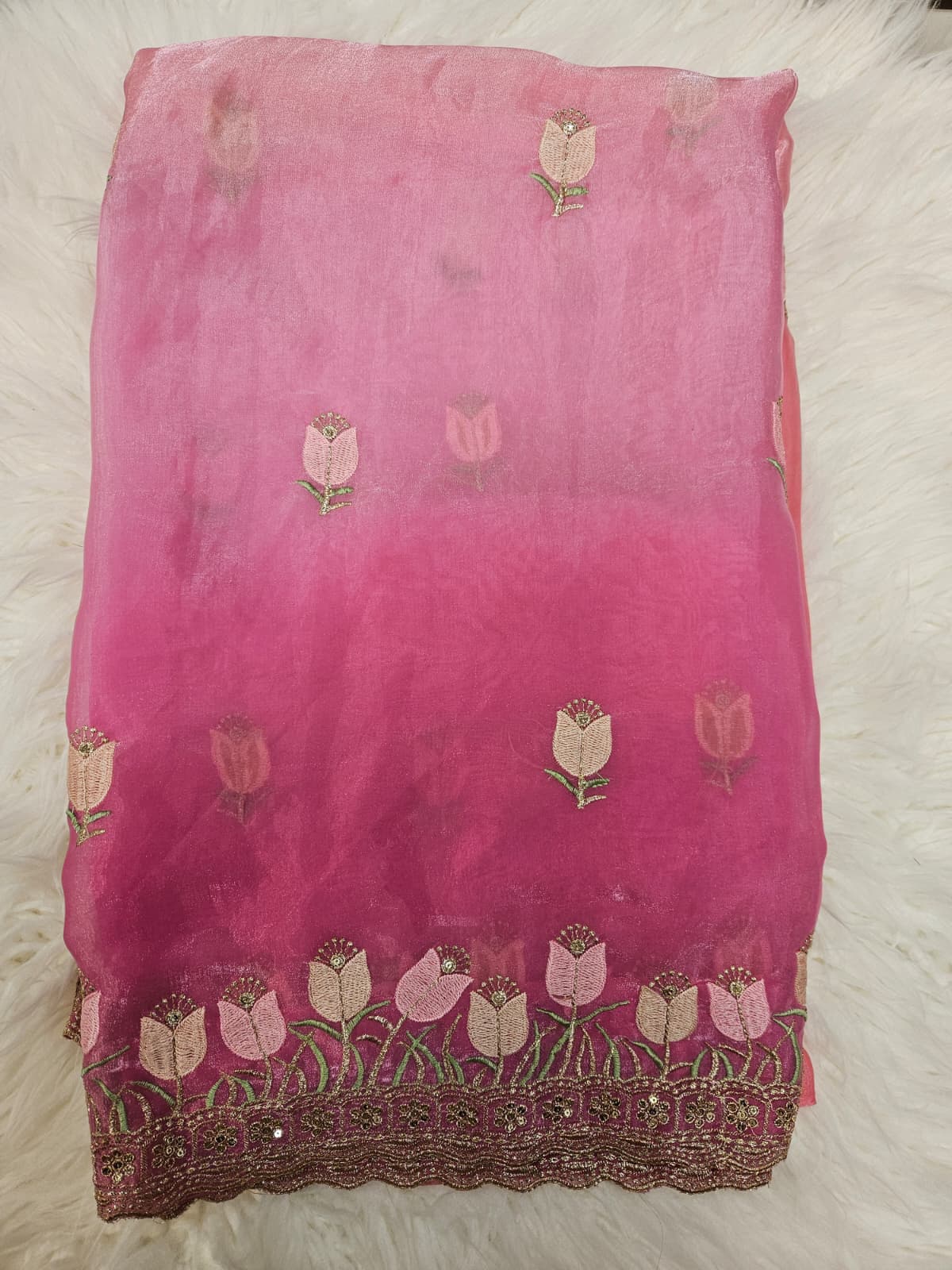 Pink Embroidered Designer Blouse with Floral Organza Saree – Elegant Party Wear Saree Set