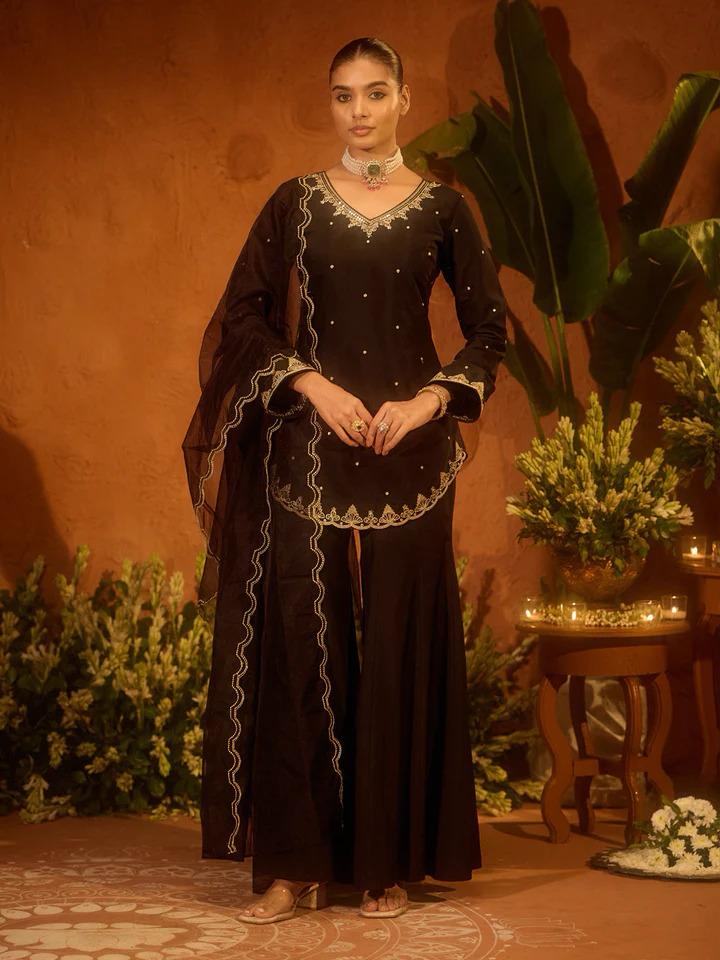 Black Embroidered Sharara Set