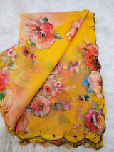 Sunshine Yellow Floral Printed Soft Saree with Designer Blouse – Elegant Party Wear Saree Set