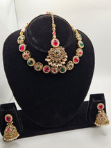 Pink & Green Kundan Necklace Set with Earrings & Maang Tikka