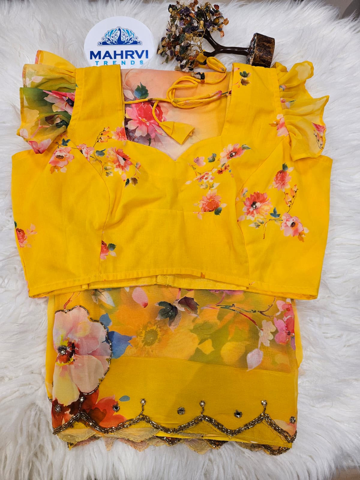 Sunshine Yellow Floral Printed Soft Saree with Designer Blouse – Elegant Party Wear Saree Set