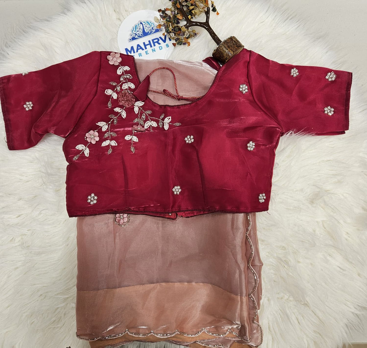 Wine Embroidered Designer Blouse with Blush Organza Saree – Elegant Party Wear Saree Set
