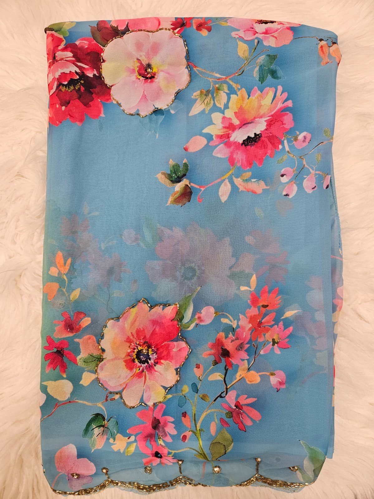 Sky Blue Floral Printed Soft Saree with Designer Blouse – Elegant Party Wear Saree Set