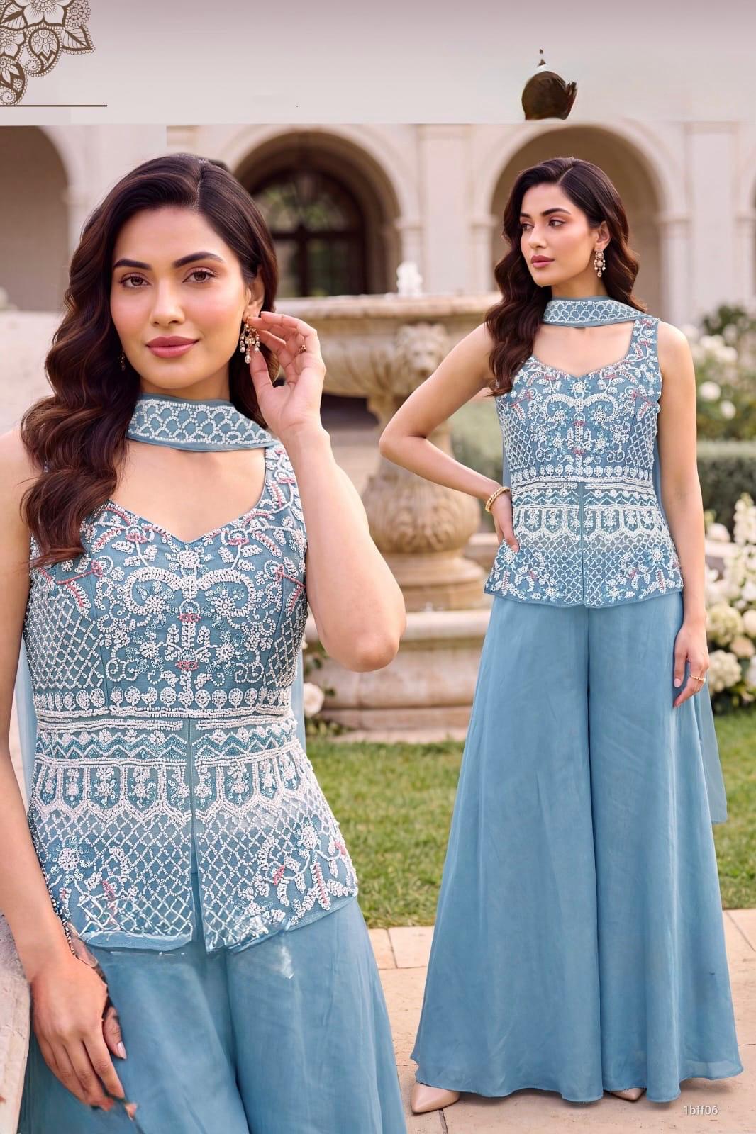 Dusty Blue Embroidered Peplum Top with Wide-Leg Palazzo Pants