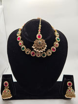 Pink & Green Kundan Necklace Set with Earrings & Maang Tikka