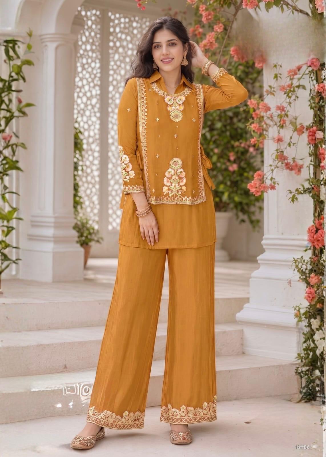 Mustard Yellow Embroidered Palazzo Suit Set