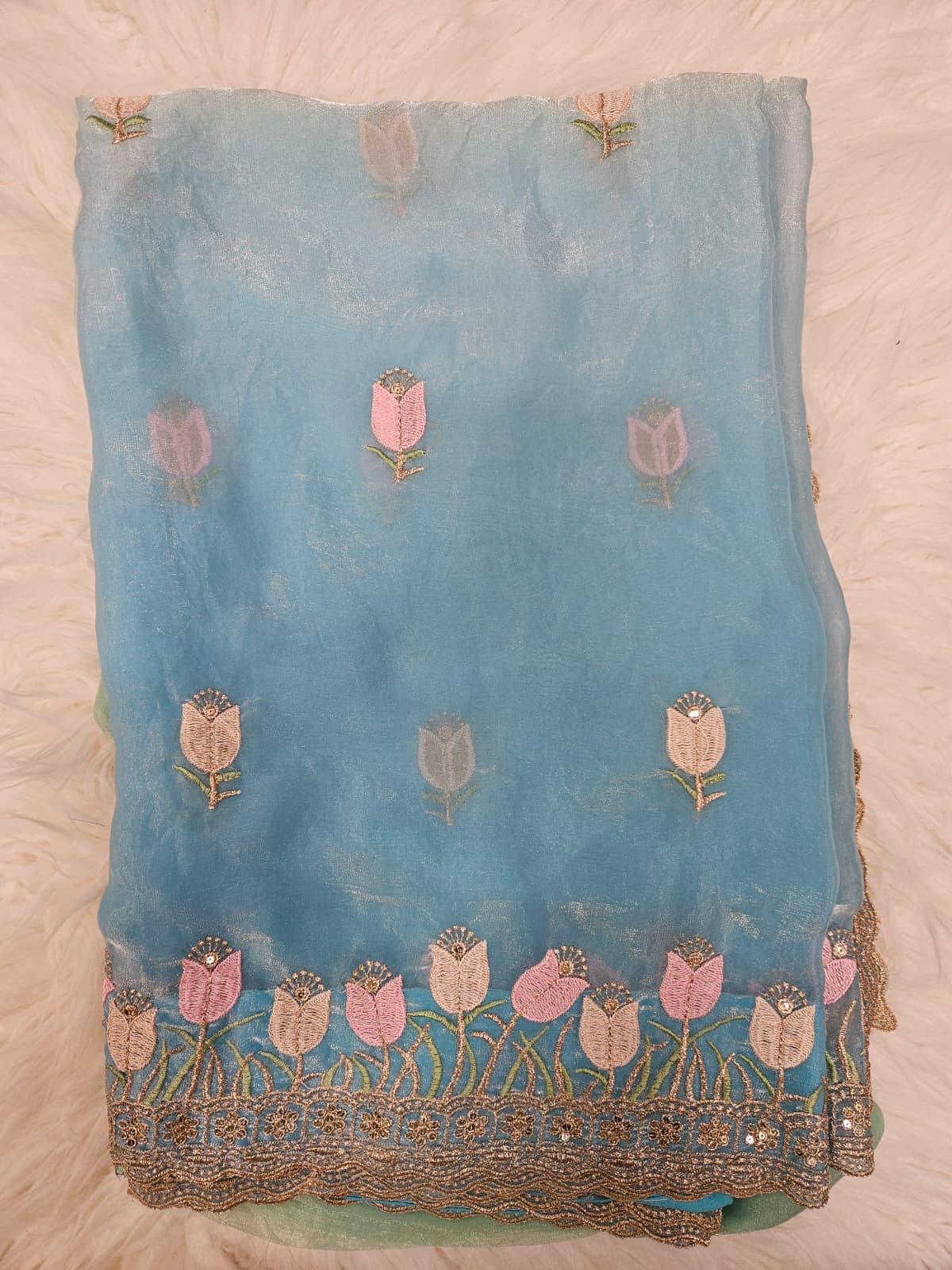 Sky Blue Embroidered Designer Blouse with Floral Organza Saree – Elegant Party Wear Saree Set