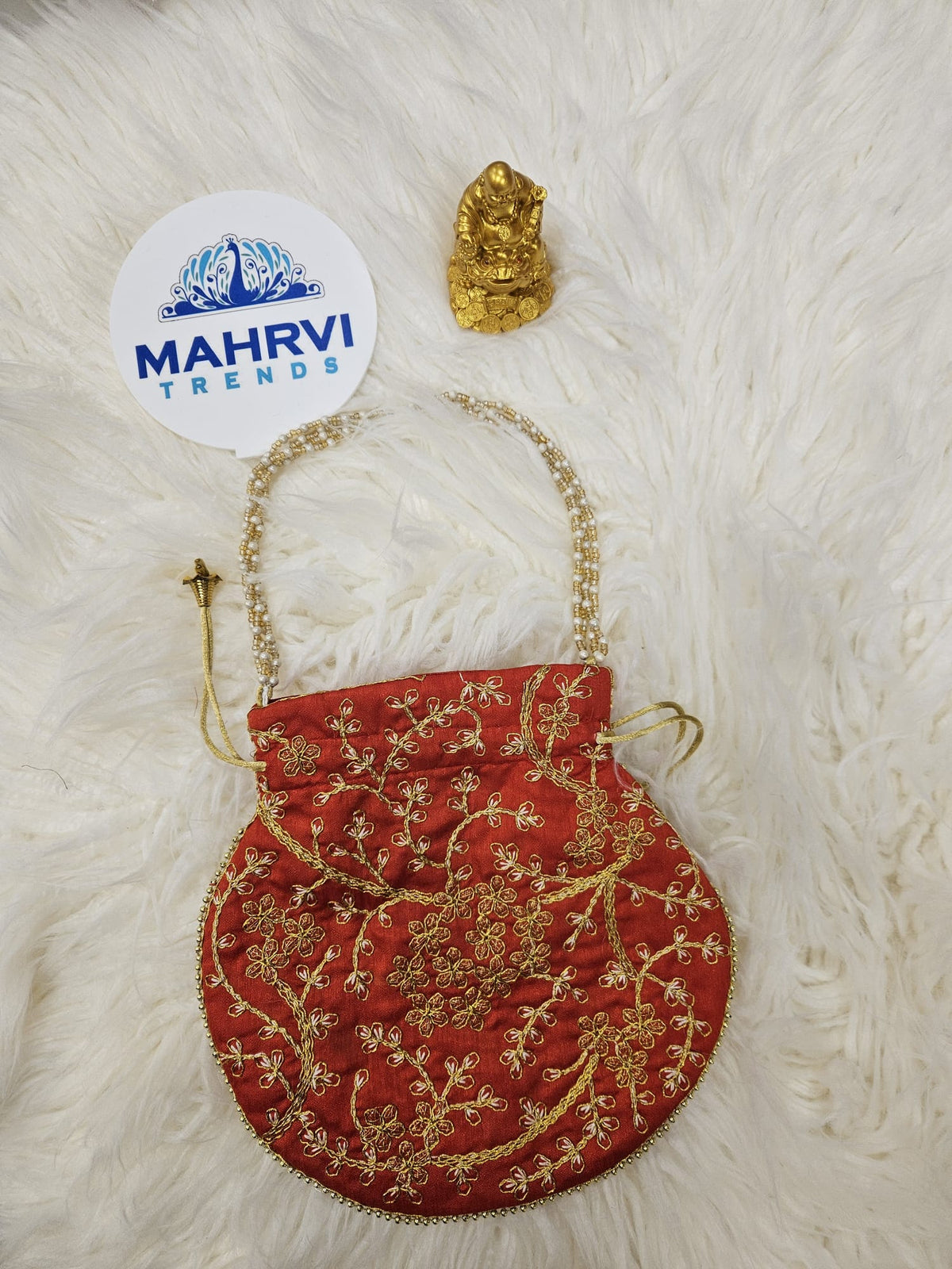 Floral Embroidered Satin Potli Bag with Pearl Handle