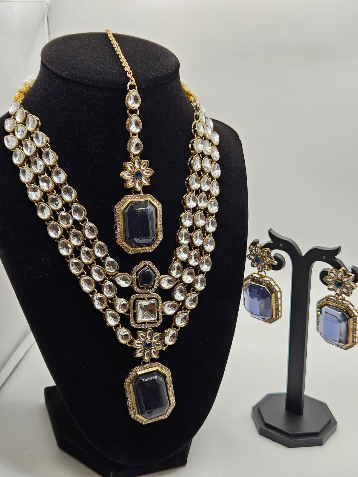 Blue Kundan Necklace Set with Earrings & Maang Tikka