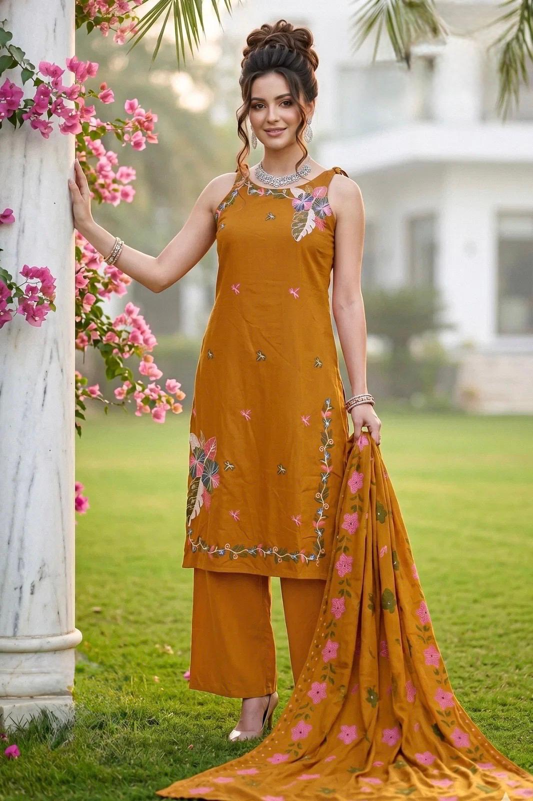 Women’s Cotton Embroidered Kurta Palazzo Set with Dupatta