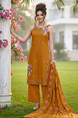 Women’s Cotton Embroidered Kurta Palazzo Set with Dupatta
