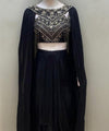 Black Embroidered Draped Skirt Set with Cape Sleeves – Statement Evening Wear