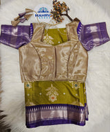 Gold Designer Blouse with Olive Green & Purple Banarasi Saree – Premium Festive Saree Set