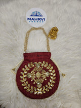 Floral Embroidered Silk Potli Bag with Pearl Handle