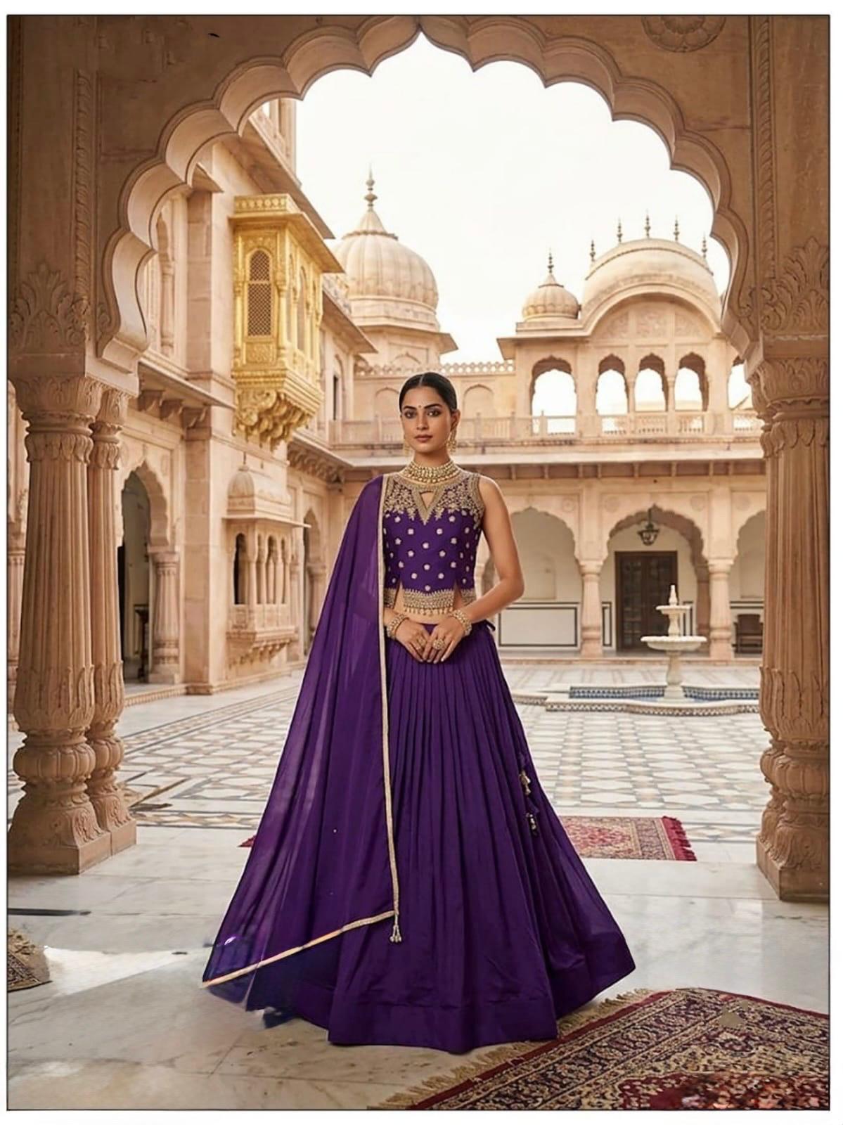 Royal Purple Embroidered Lehenga Set with Gold Detailing and Dupatta