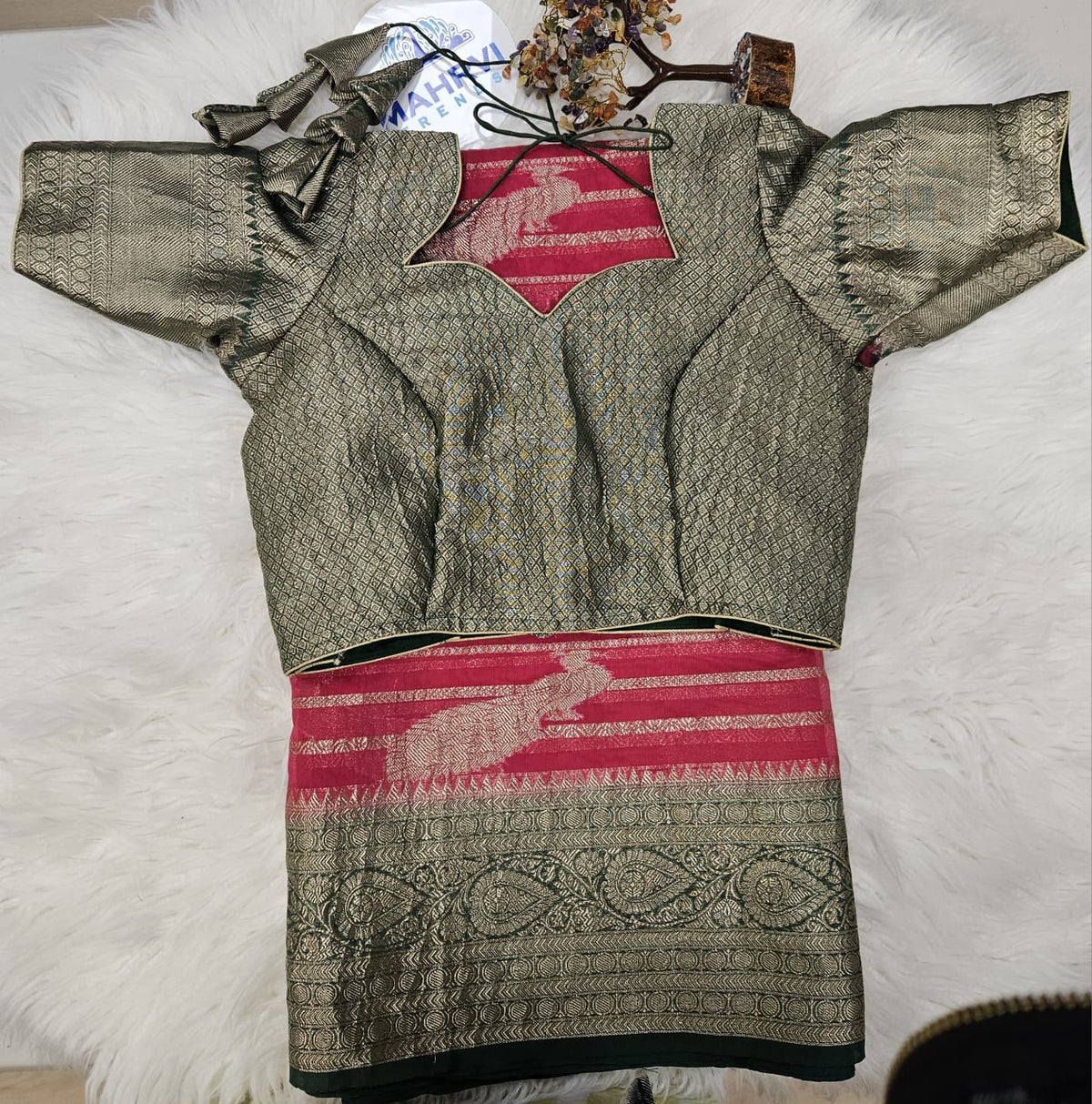 Olive Green Brocade Blouse with Pink Banarasi Saree – Traditional Silk Saree Set