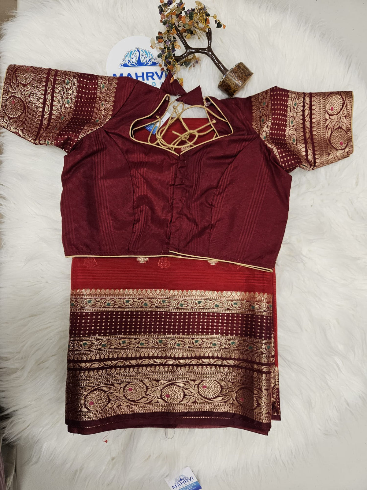 Maroon Designer Blouse with Matching Banarasi Saree – Traditional Woven Saree Set