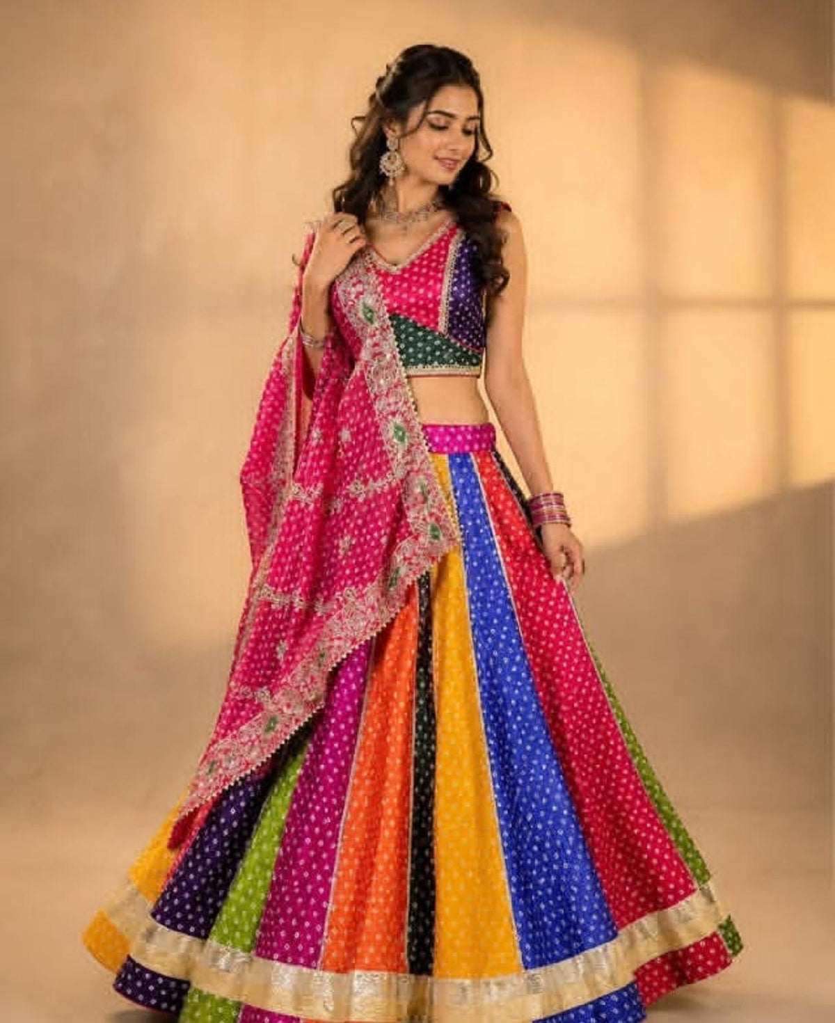 Multicolor Patchwork Lehenga Set with Fuchsia Pink Dupatta