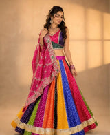 Multicolor Patchwork Lehenga Set with Fuchsia Pink Dupatta