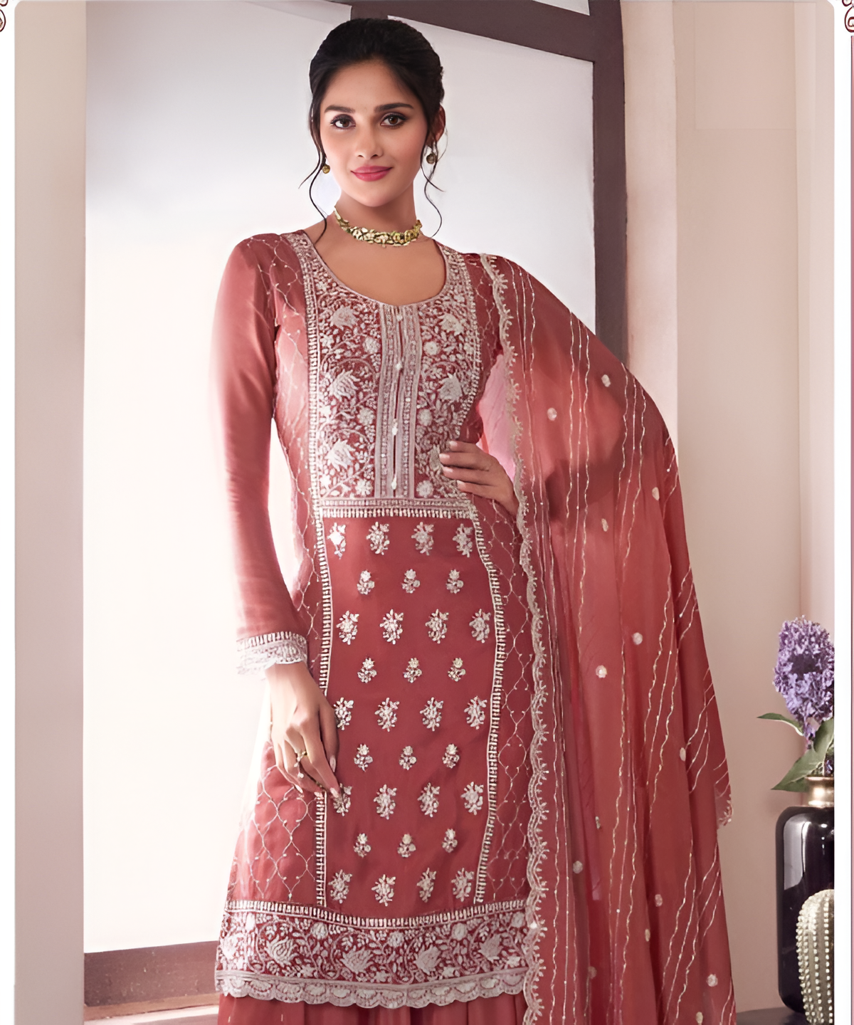Chinon Embroidered Salwar Suit Set with Dupatta