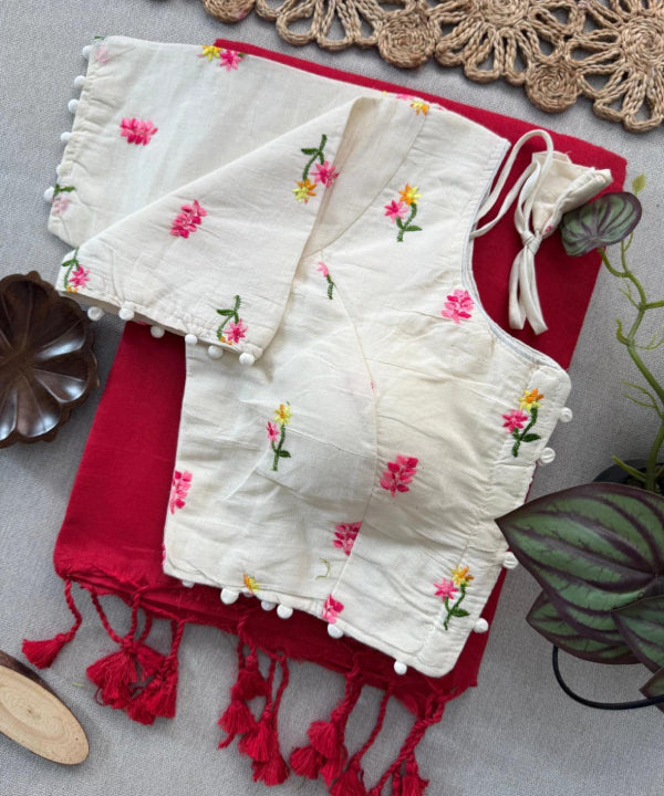 Embroidered Cotton Blouse with Tassel Saree Combo