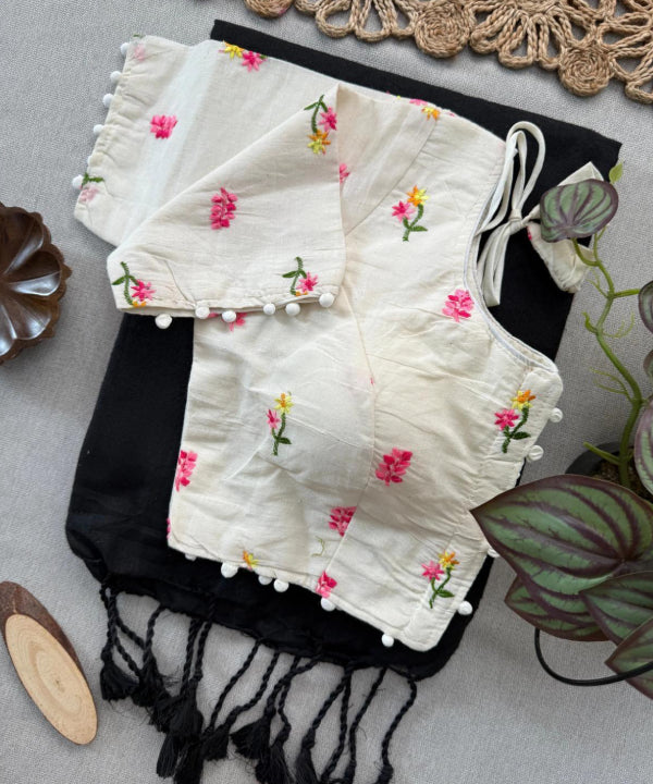 Embroidered Cotton Blouse with Tassel Saree Combo