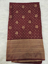 Wine Brocade Ruffle Sleeve Blouse with Banarasi Saree – Designer Traditional Saree Set