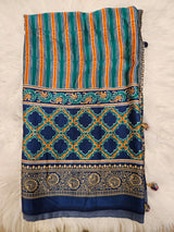 Navy Blue Puff Sleeve Designer Blouse with Heritage Print Saree – Elegant Ethnic Saree Set