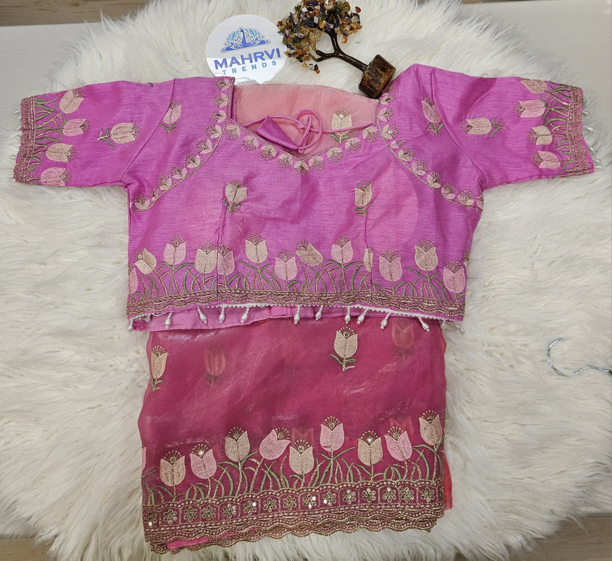 Pink Embroidered Designer Blouse with Floral Organza Saree – Elegant Party Wear Saree Set